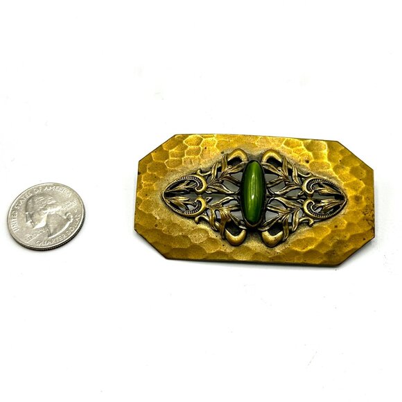 XL Art Nouveau Brass Brooch with Green Foil-Back Glass Stone — EUC - Picture 3 of 9